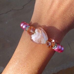 Pink Glass Pearl & Murano Glass Heart Beaded Swarovski Valentine's Day Bracelet